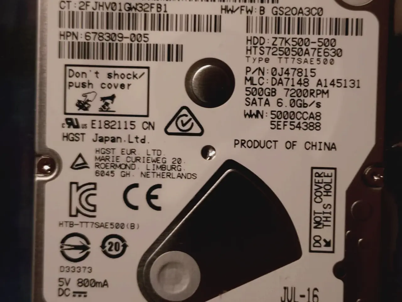 Billede 1 - HGST 2,5" harddisk 500gb