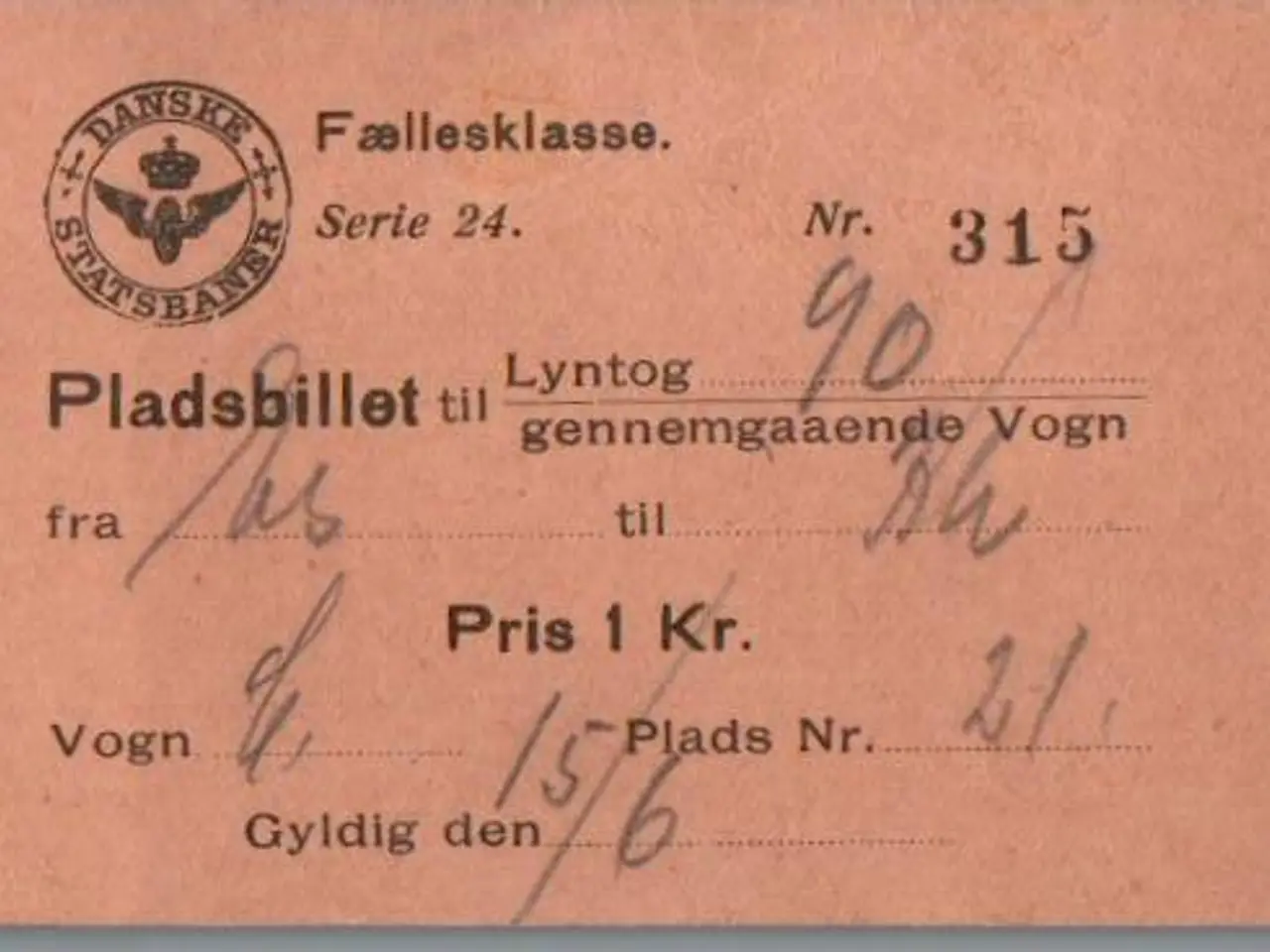 Billede 1 - Danske Statsbaner - Pladsbillet Lyntog - 1 kr.