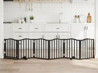 Hundelåge med dør 6 paneler 300 cm foldbar poppeltræ sort