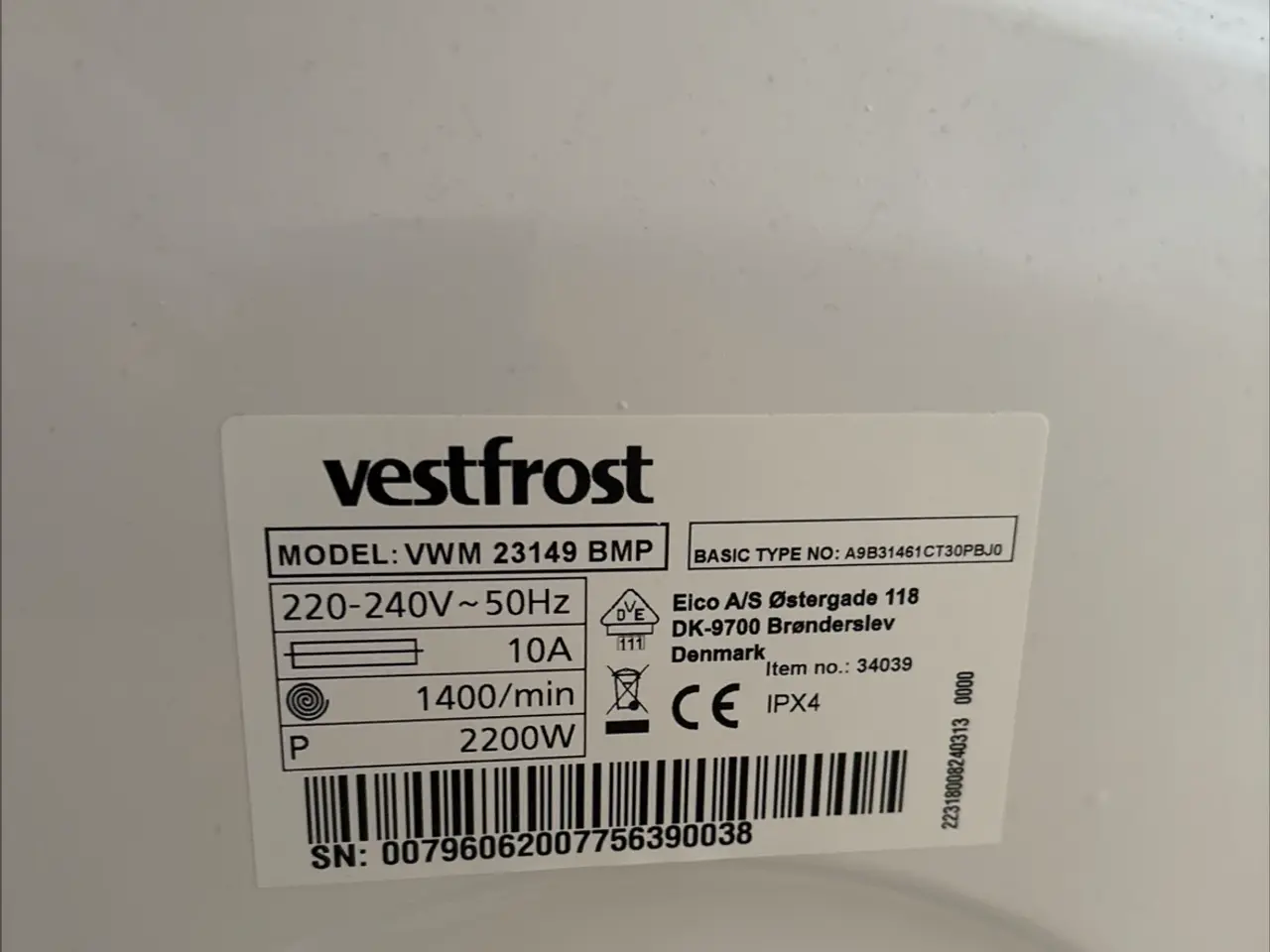 Billede 2 - Vestfrost vaskemaskinemodel 