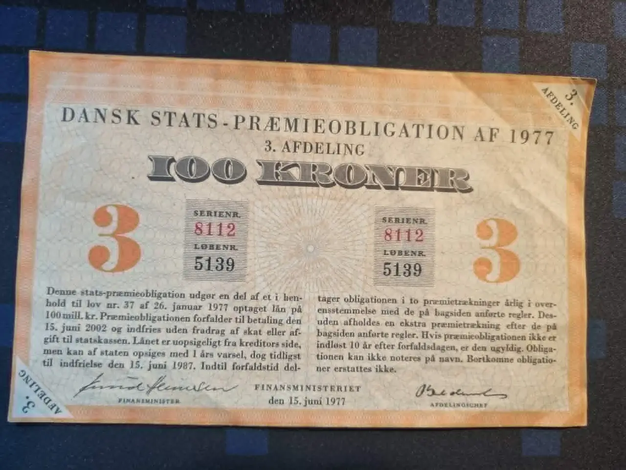 Billede 1 - stats og præmieobligation 1977 3.afd serie 8112