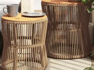 Haveborde i polyrattan med træplade - 2 stk., beige/brun