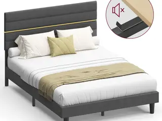 Sengeramme 140 x 200 cm med polstret gavl - justerbar højde, metalstel og lameller i massivt træ, skifergrå