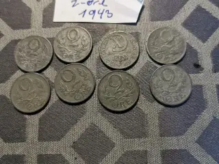 8 stk 2 øre fra 1943.