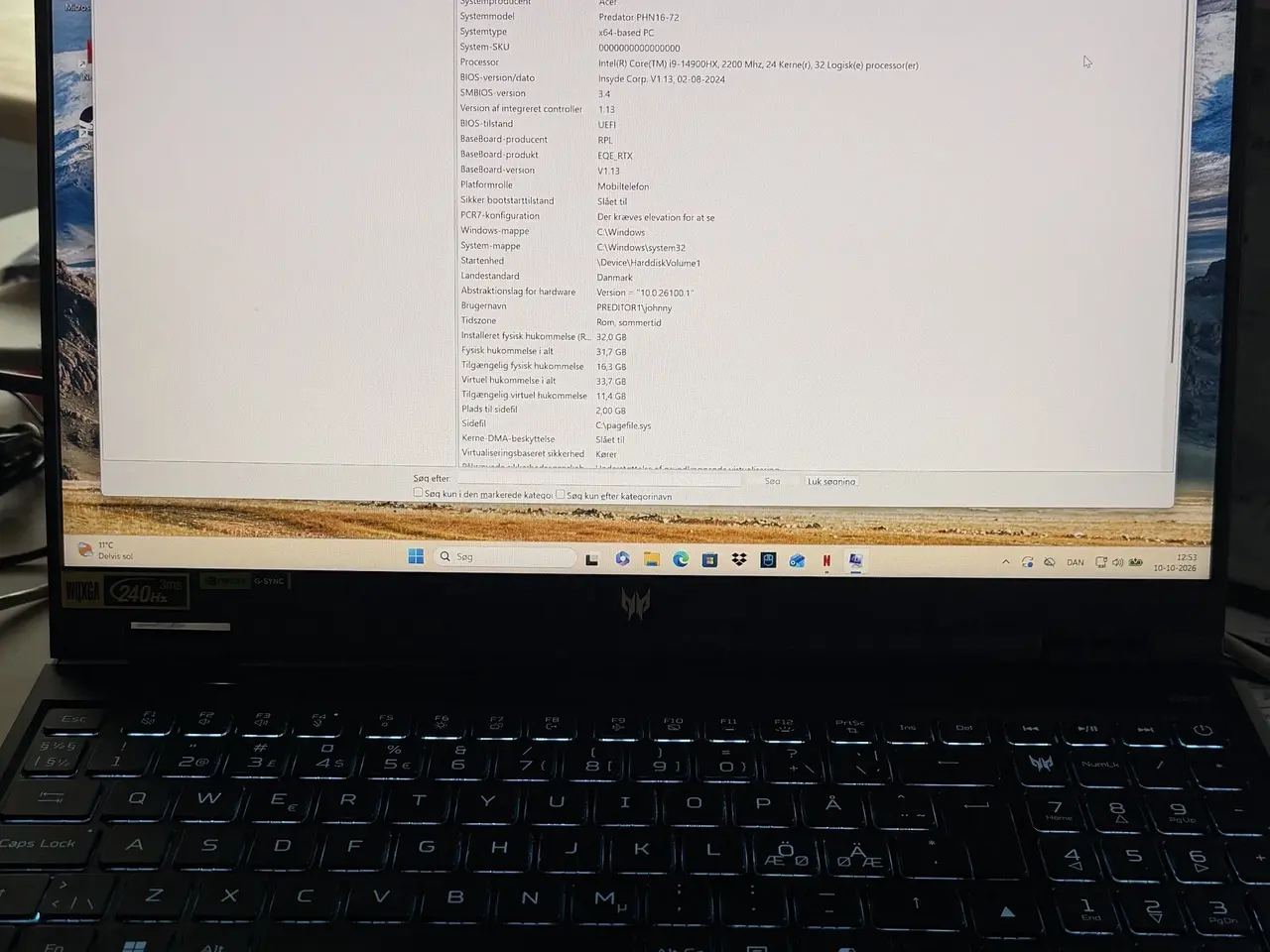 Billede 1 - Acer Predator Helios Neo 16 - i9, gaming laptob