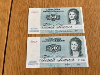 2 bankfriske 50 kr. sedler fra 70’erne