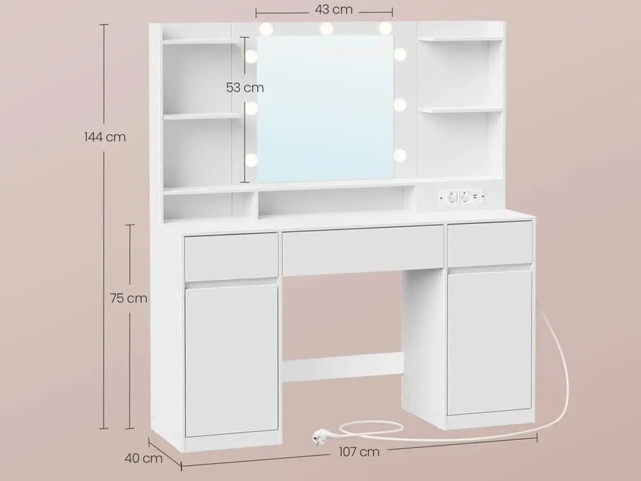 Billede 4 - Toiletbord med spejl og LED-lys - hvid