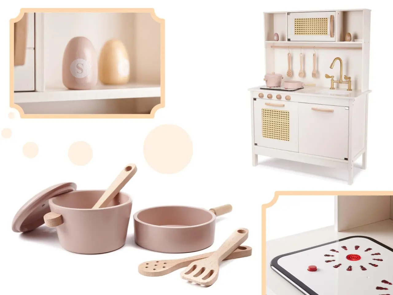 Billede 2 - Legekøkken i træ med retro look og boho tilbehør - MDF, lys og lyd