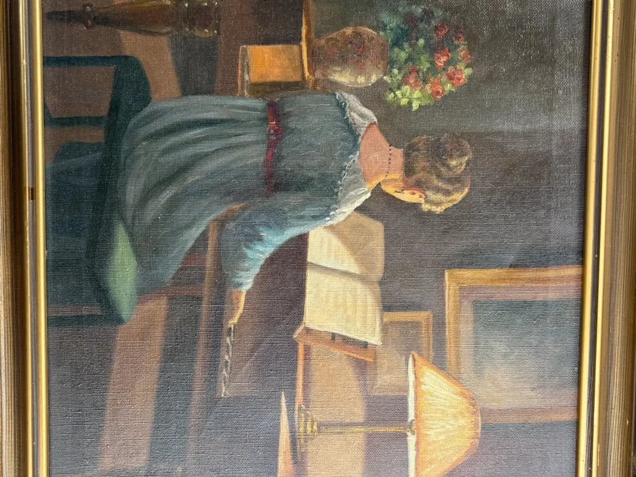 Billede 2 - Aage Jessen oliemalerie – Kvinde ved klaver (1943)