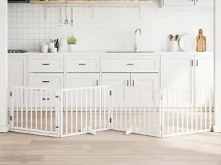 Hundelåge med dør 4 paneler 320 cm foldbar hvid