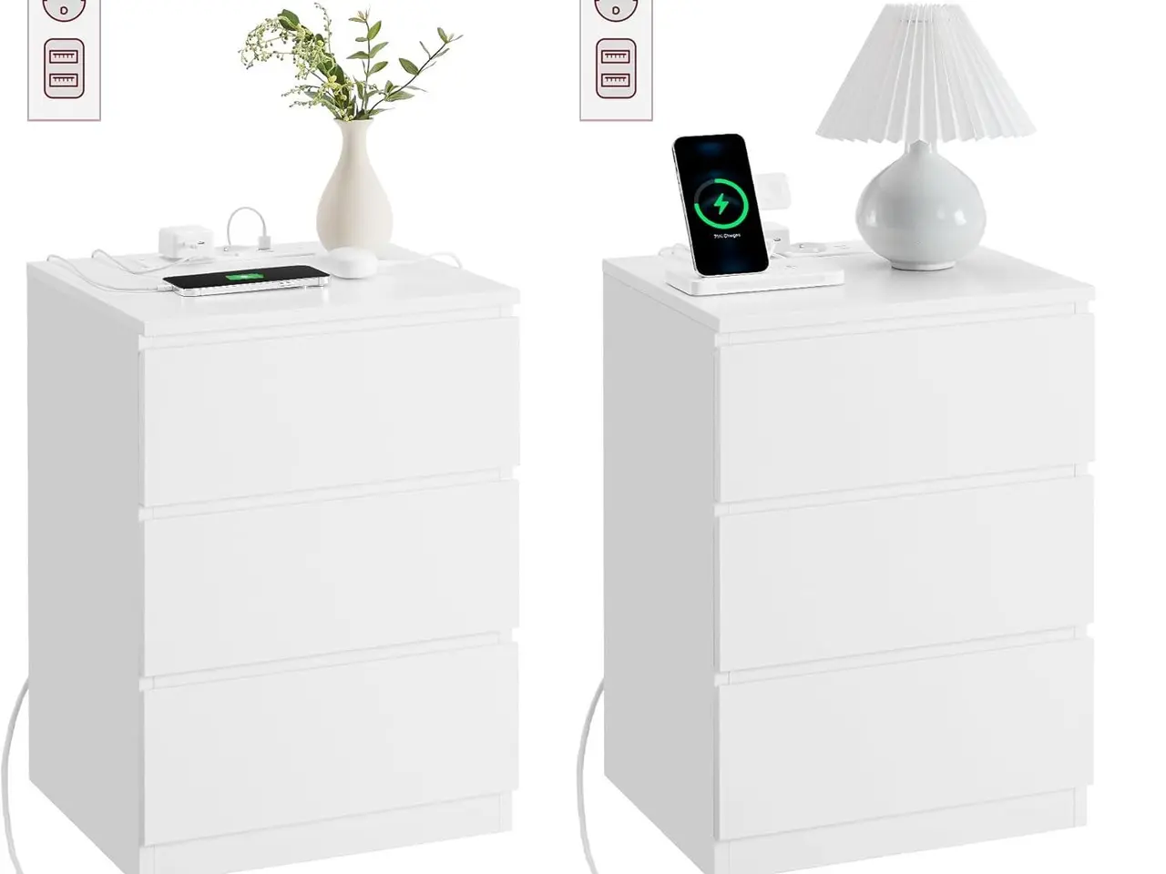 Billede 1 - Sengeborde med 3 skuffer og opladning - 2 stk., Cloud White