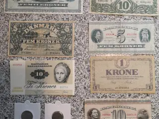 7 stk danske sedler og 2 tyske mønter