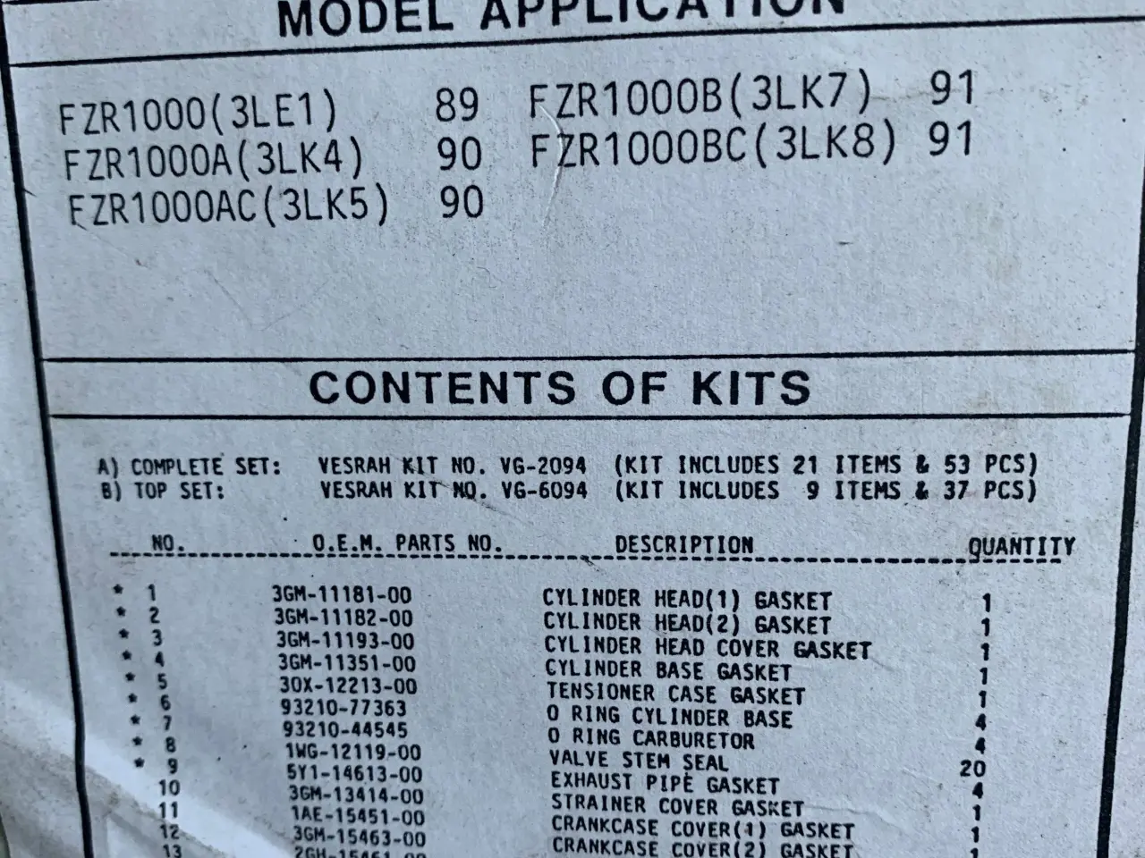 Billede 1 - Komplet pakning sat til Yamaha FXR 1000