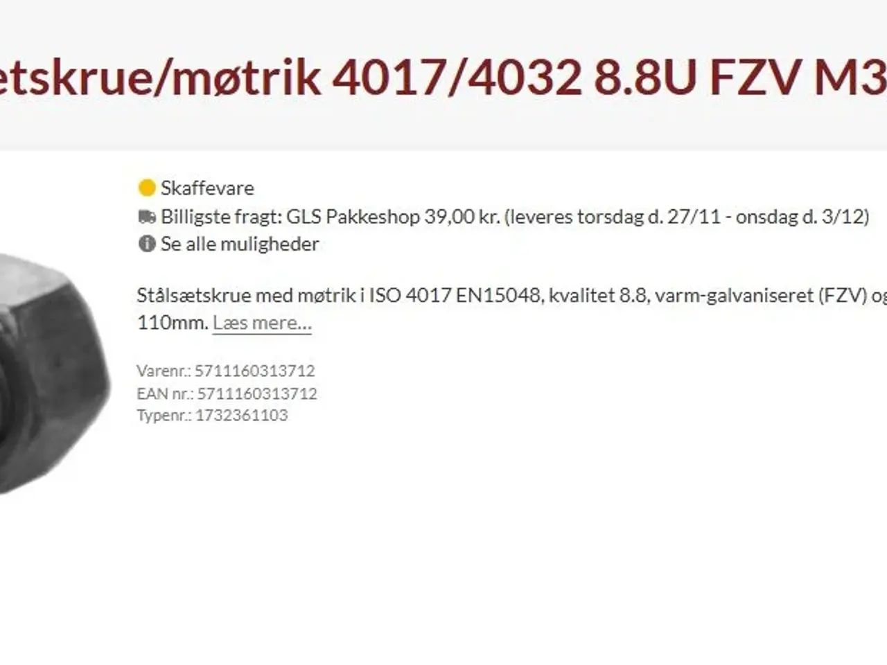 Billede 3 - Stålbolter M36 kv.8.8 varm-galv. (FZV)-CE