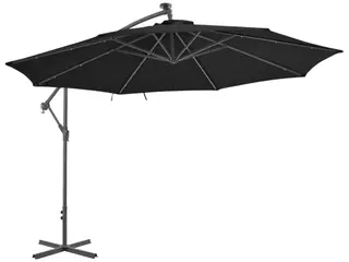 Hængeparasol med LED-lys 350 cm sort