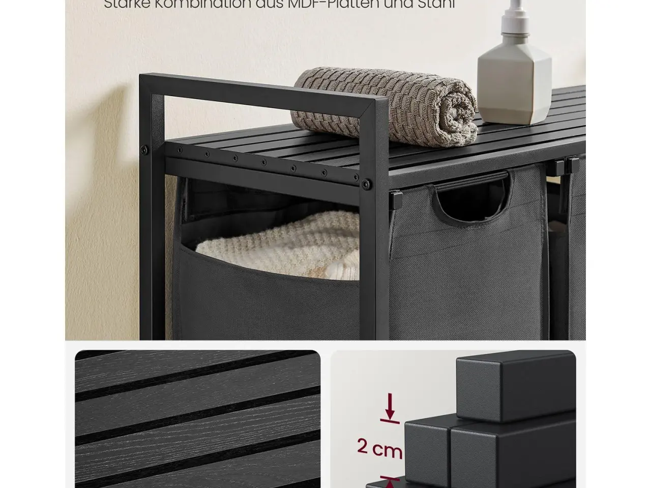 Billede 5 - Vasketøjskurv med 3 rum udtrækkelige poser, hylde, metalstel, 3 x 38 l, 92,5 × 33 × 72 cm, sort/grå