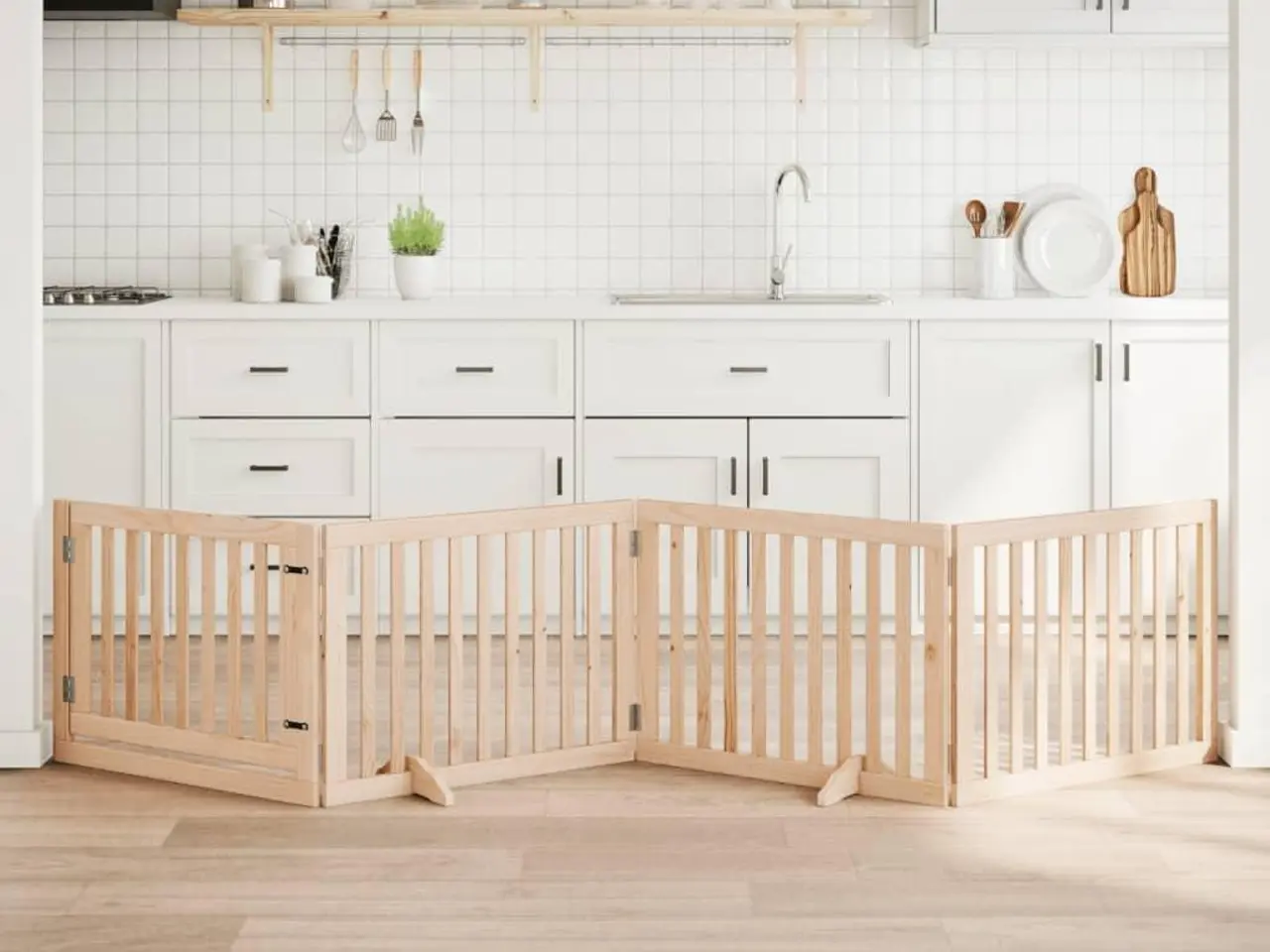 Billede 1 - Foldbart hundegitter med dør, 4 paneler - 320 cm i poppeltræ