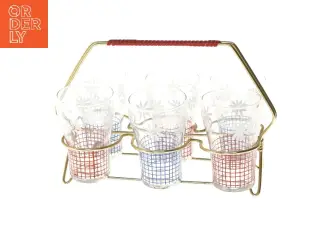 Sæt med seks dekorerede glas og holder (str. 6 stkØ 6,5 cm længde 10 cm)