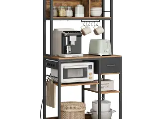 Køkkenreol med stikdåse kaffe bar, justerbare hylder, stofskuffe, 12 kroge, 40 × 80 × 180,4 cm, mikrobølgeovnstativer, rustik brun/sort