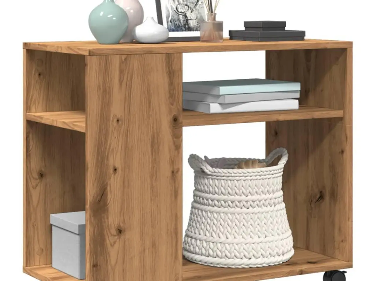 Billede 4 - Sidebord med hjul - 70×35×60 cm i egetræsfarve, konstrueret træ