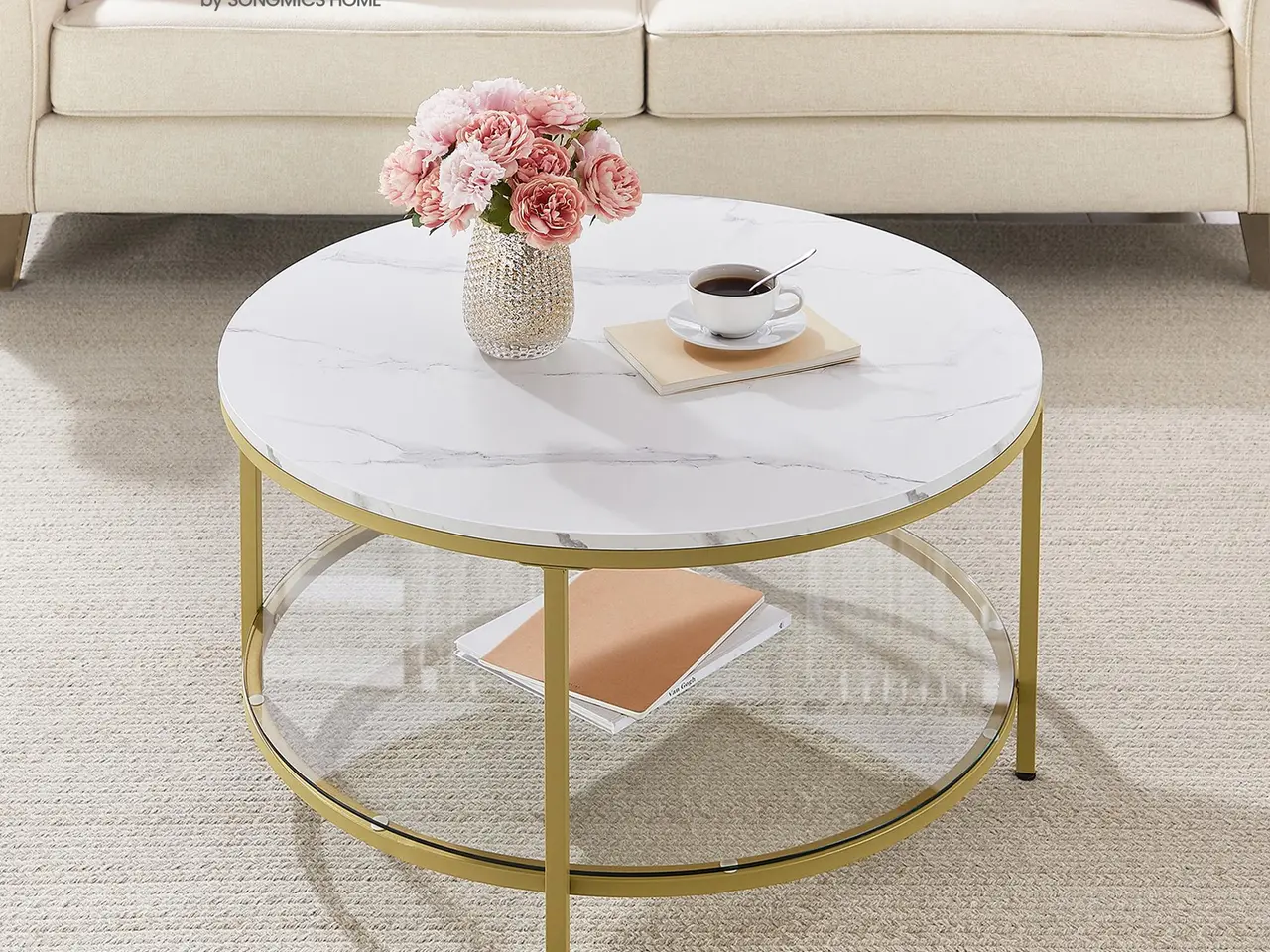 Billede 2 - Rundt sofabord med glashylde - hvid marmor-look/guld