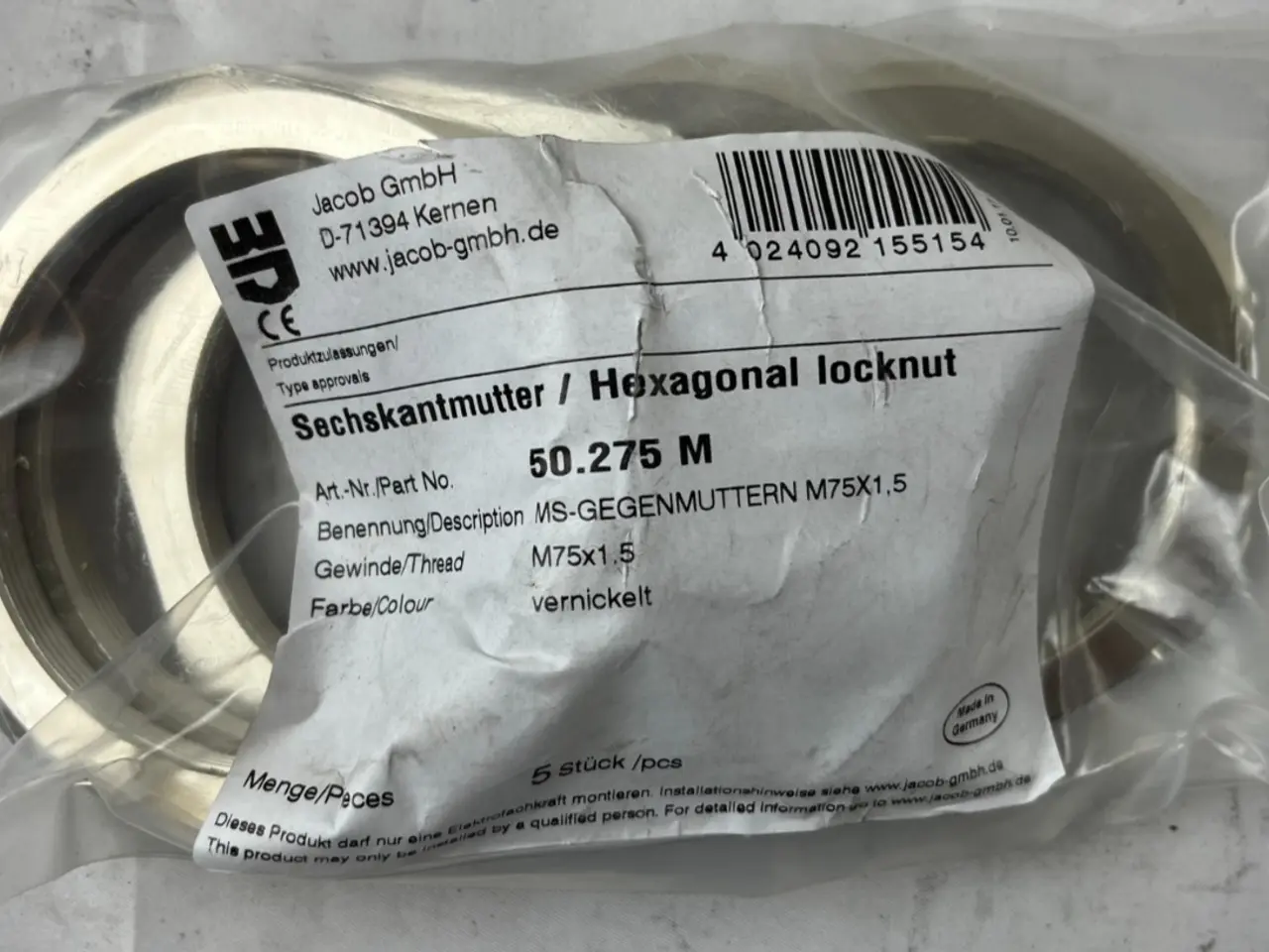 Billede 1 - Jacob 50.275 M Hexagonal Locknut M75x1.5 Nickel
