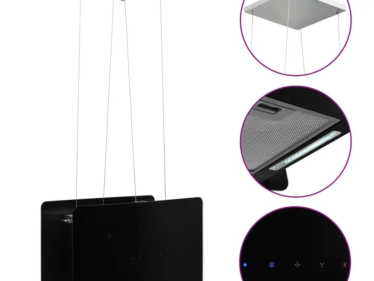 Billede 2 - Hængende ø-emhætte med touchsensor og LCD i hærdet glas - sort, 55 cm