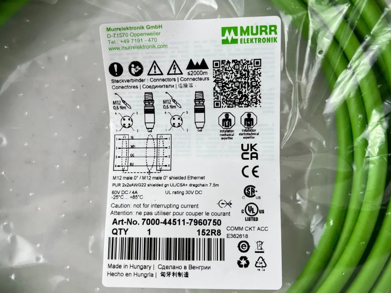 Billede 2 - Murr 7000-44511-7960750 M12 Ethernet kabel 7.5m UL