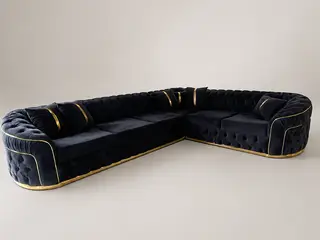 Chesterfield-hjørnesofa i mørkeblåt velour