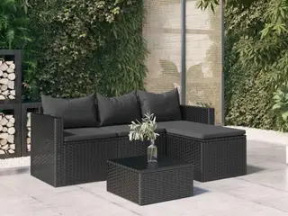 Loungesæt til haven i polyrattan - sort, 3-pers. sofa, bord og fodskammel