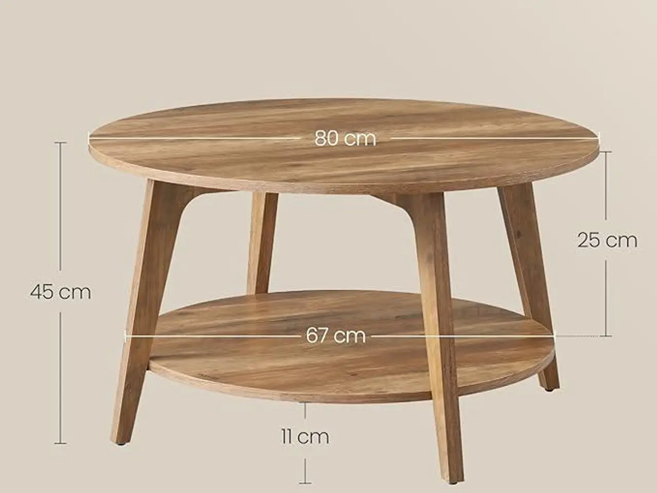Billede 3 - Rundt sofabord med 2 hylder 80 cm - honningbrun