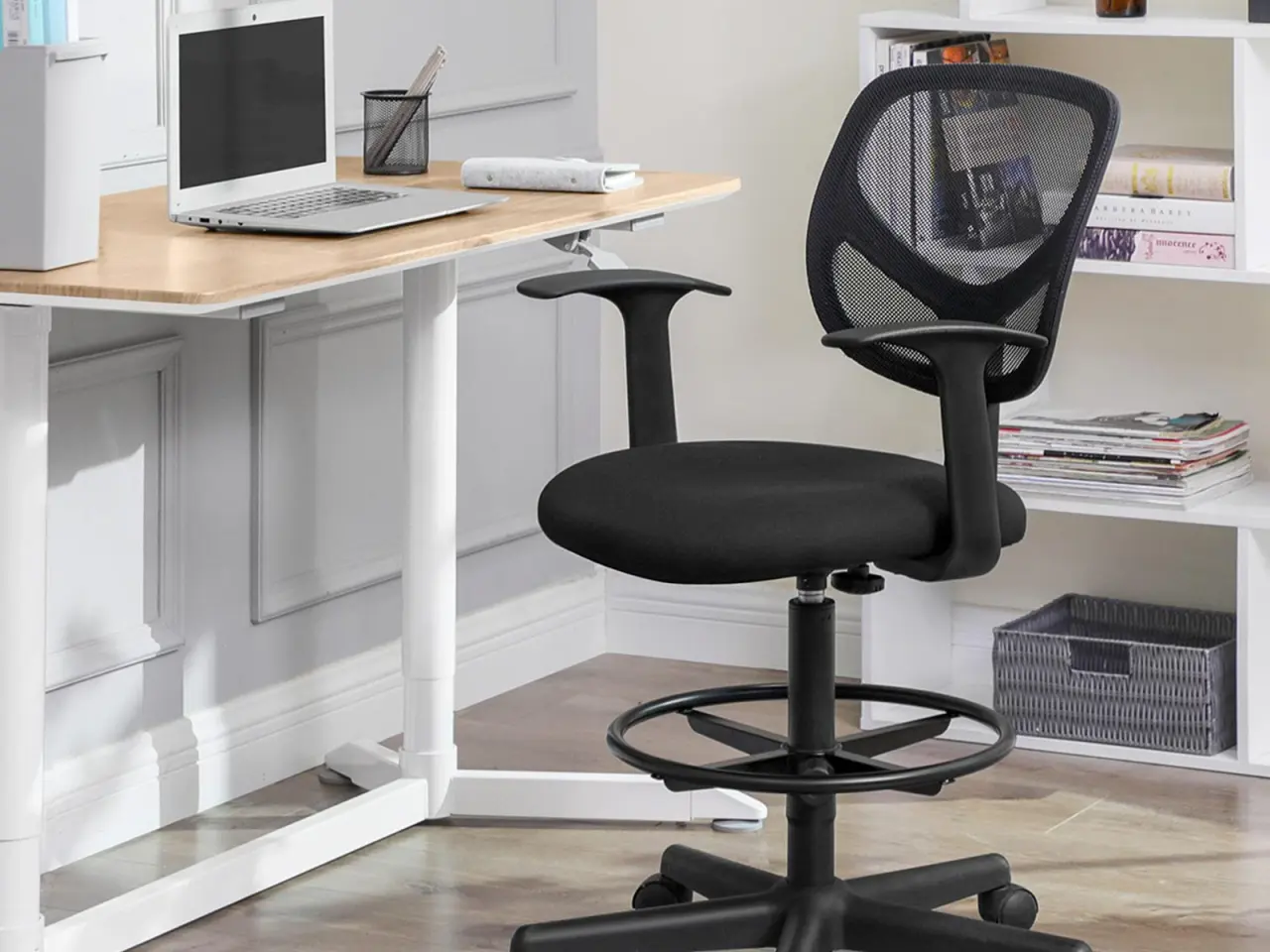 Billede 3 - Kontorstol med fodring ergonomisk høj arbejdsstol, 55-75 cm, sort
