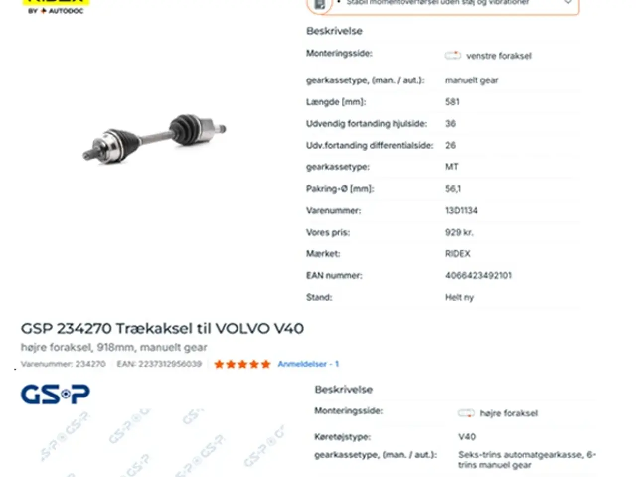 Billede 1 - Trækaksler Volvo V40