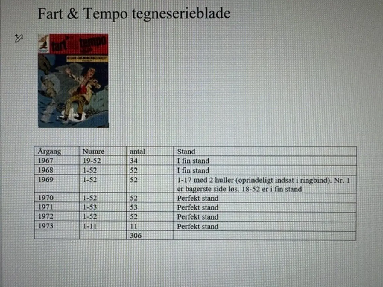 Billede 1 - Fart & Tempo tegneserieblade 306 stk.: 1967-1973