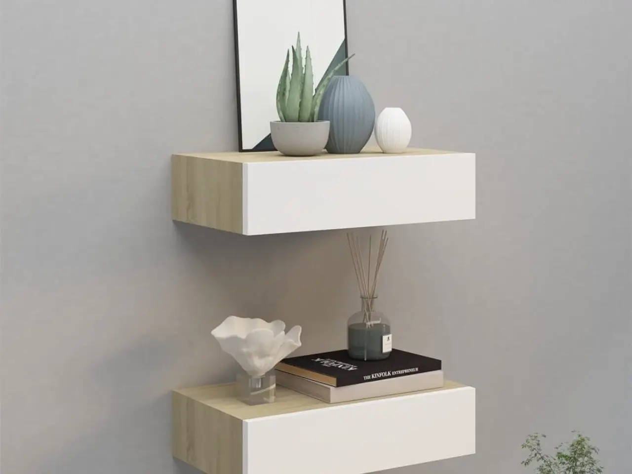 Billede 1 - Hylder med skuffe 2 stk. 40x23,5x10 cm MDF egetræsfarve og hvid