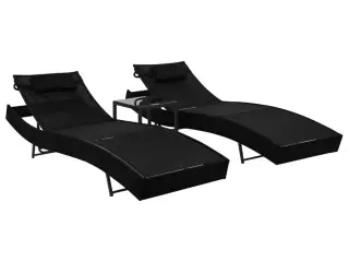 Liggestole 2 stk. med bord polyrattan og textilene sort