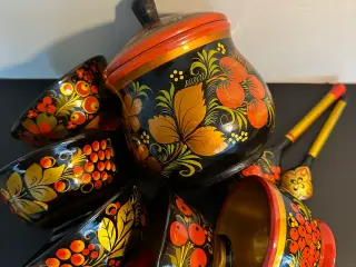 Vintage håndmalet serverings sæt af træ fra USSR