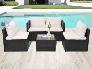 Haveloungesæt i polyrattan - 5 dele med hynder, sort/creme