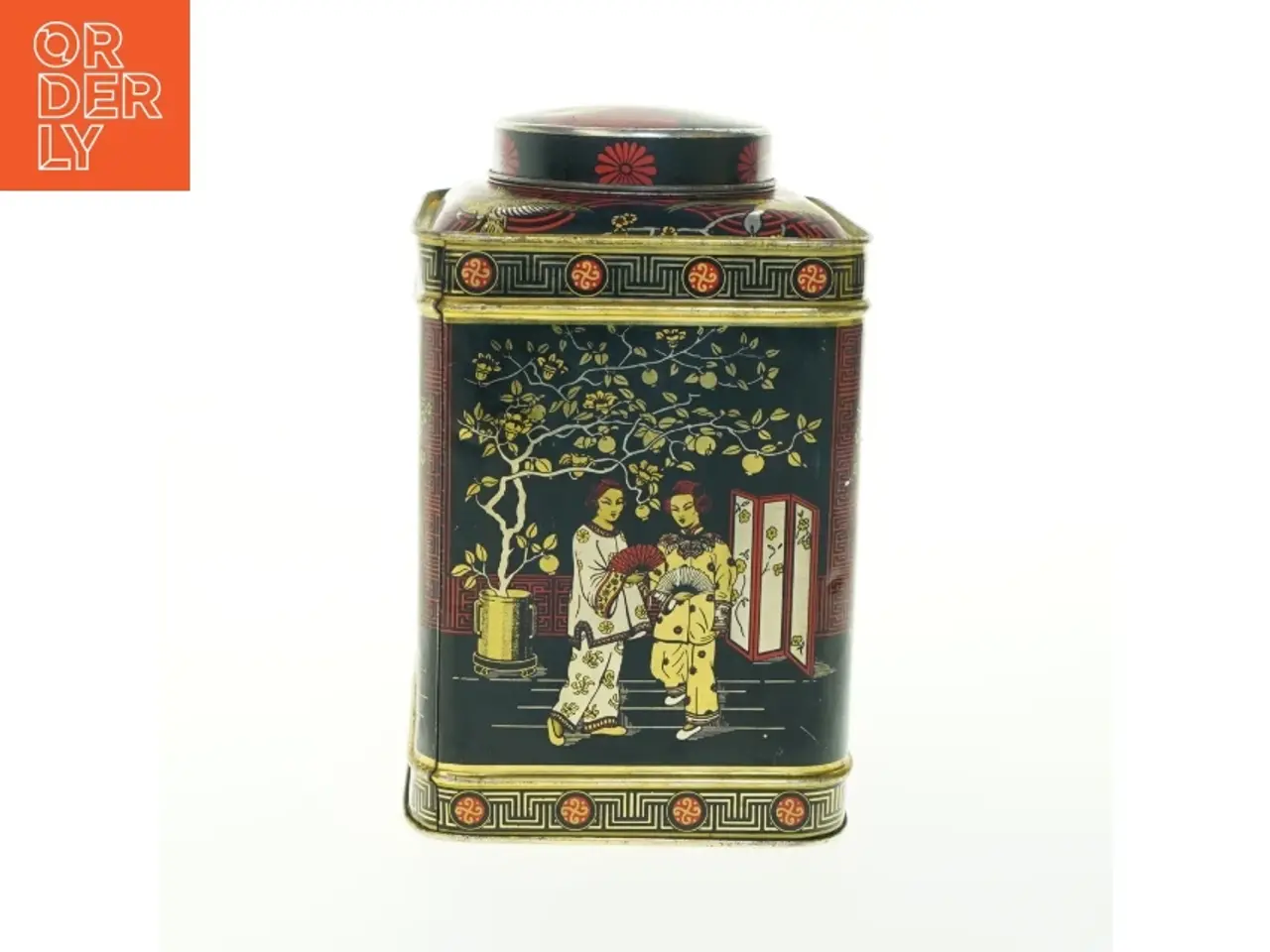 Billede 2 - Vintage Tindekasse med Asiatiske Motiver (str. H. 22 cm. 14,5 x 14,5 cm)