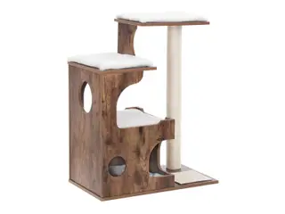 Kattetræ - FEANDREA 86 cm, mellem kattetårn med 3 liggepladser og hule, MDF med træfiner, sisalstolpe og vaskbart kunstpels - rustik brun/hvid