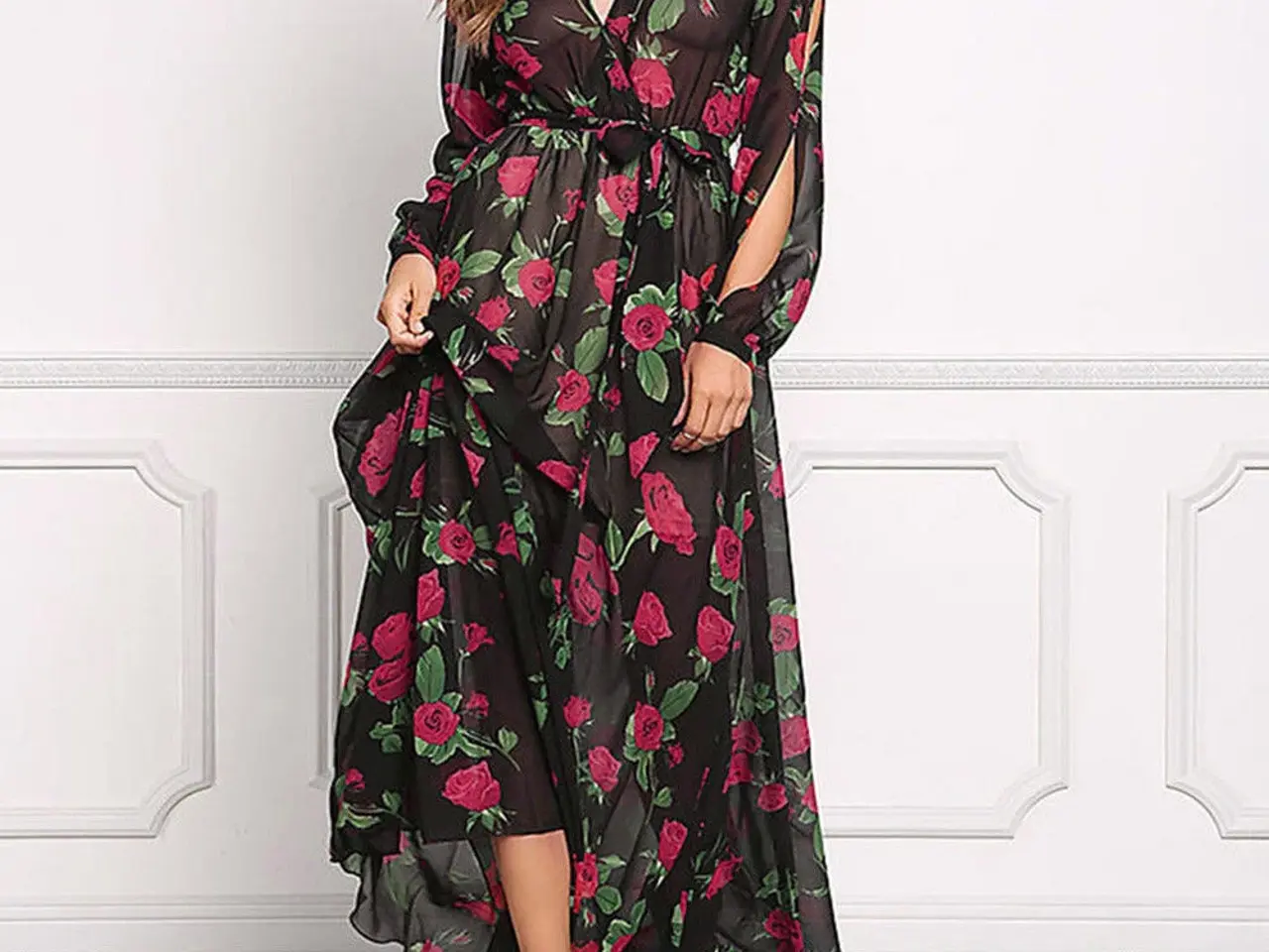 Billede 1 - Maxi kjole.m.Rosen printet.str: Med-Large-XL
