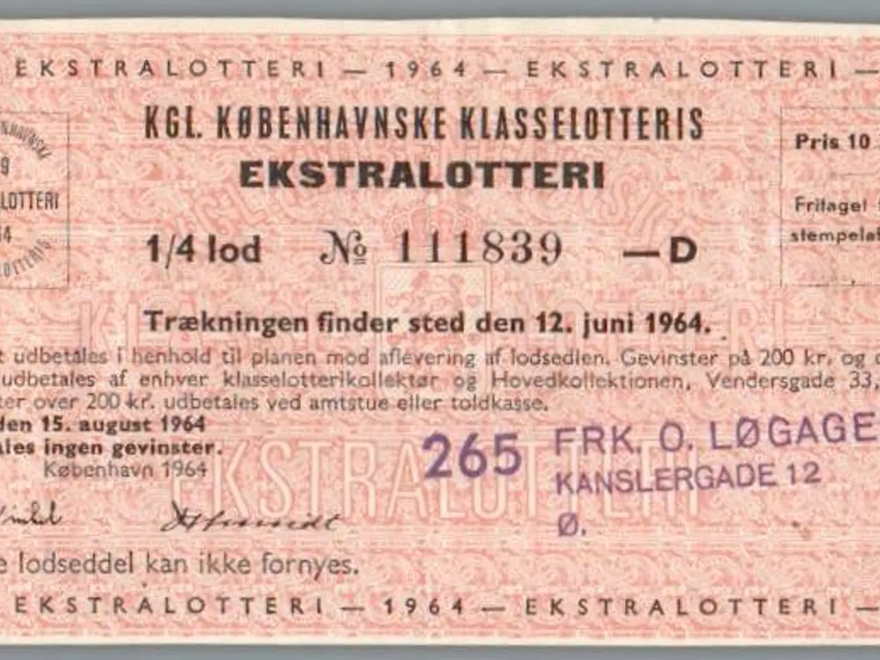 Billede 1 - Kgl. Københavnske Klasselotteris - Ekstralotteri 1964