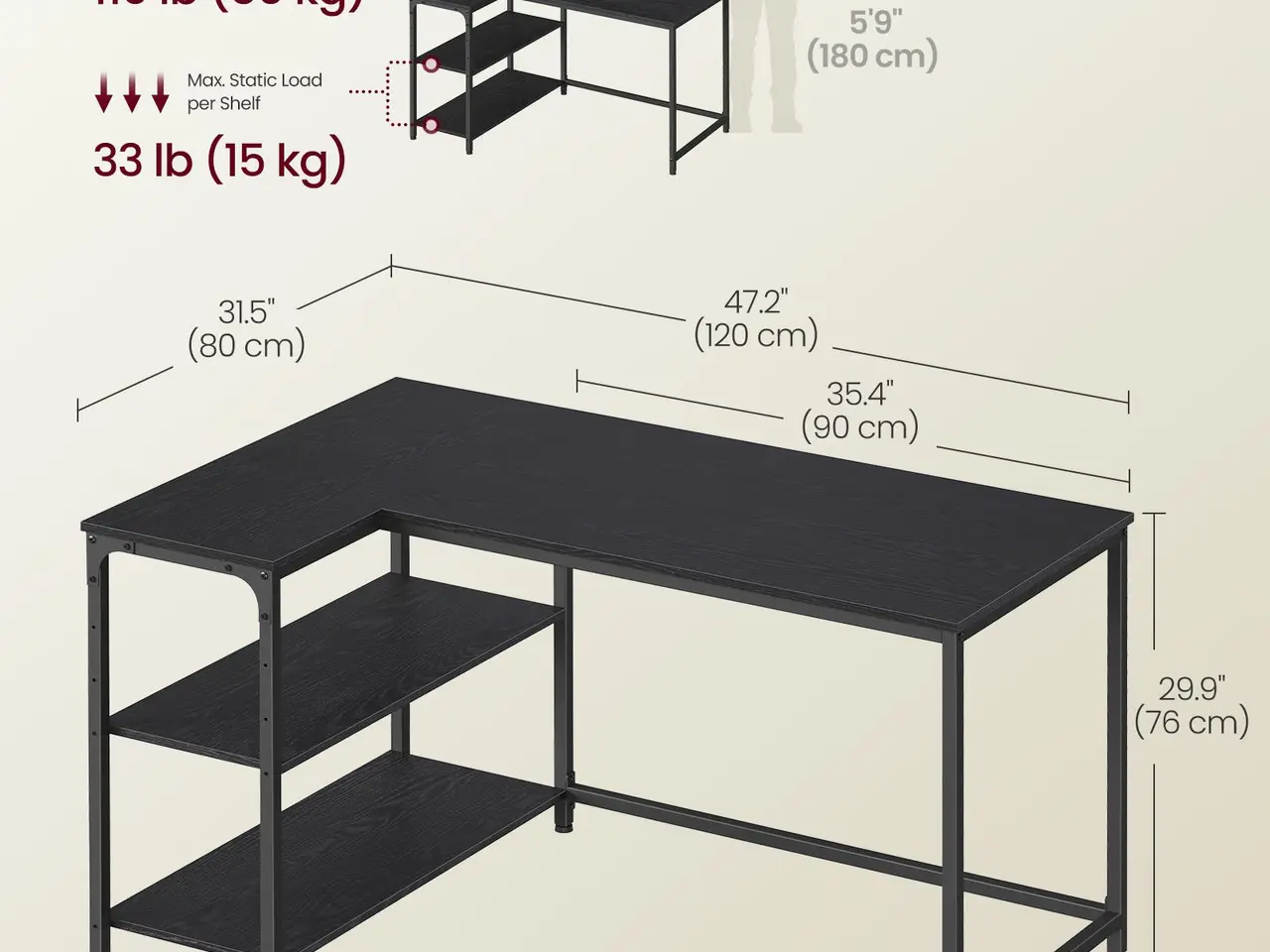 Billede 6 - L-formet skrivebord ULWD136BE01 med vendbar opbevaringshylde - Ebony Black