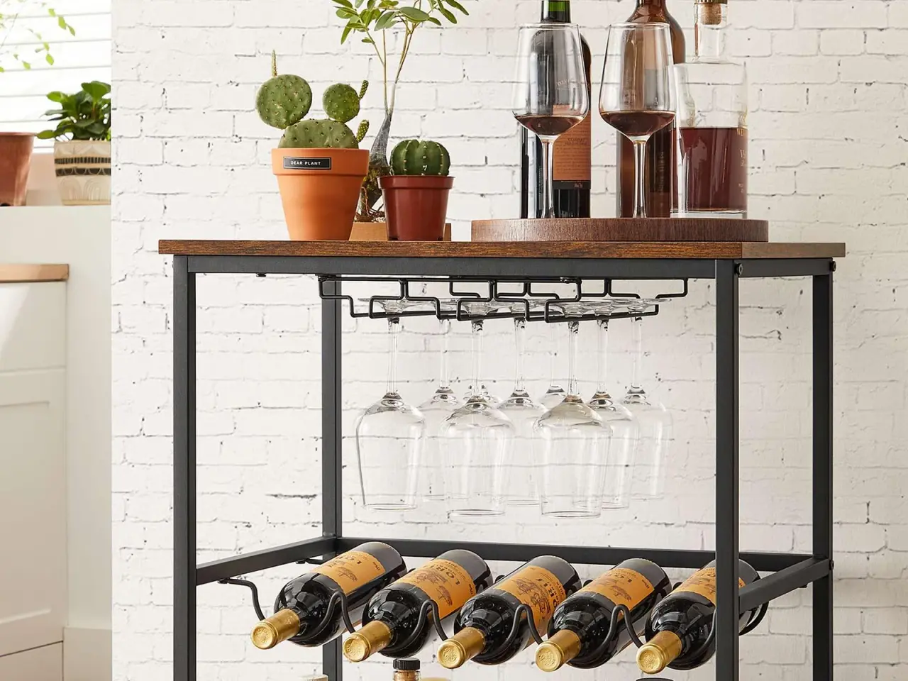 Billede 4 - Rullebord med vin- og glasholder industrielt design, 60 × 40 × 75 cm, rustik brun/sort