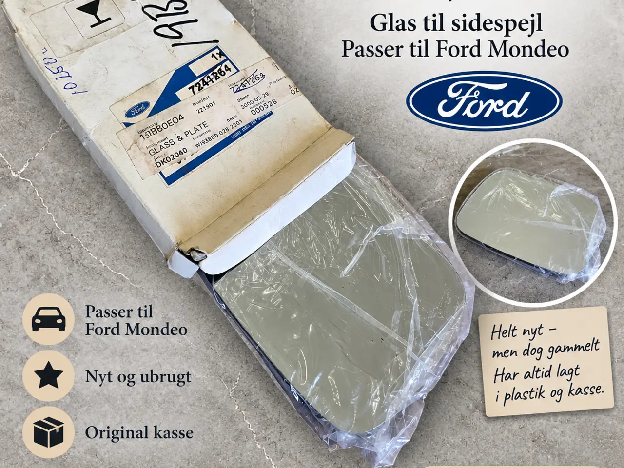 Billede 2 - "Sidespejlglas til Ford Mondeo – nyt