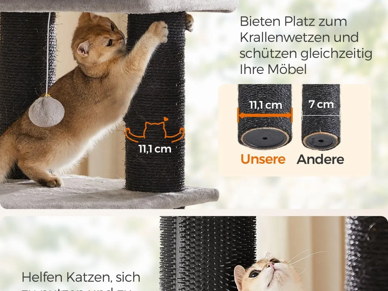 Billede 5 - Kattetræ til store katte - FEANDREA, robust kradsetræ med selvopvarmende puder, 2 selv-plejere, 9 kradsepæle, stor liggeplads, hule og kurve, 50 × 50 × 160 cm, duegrå/sort