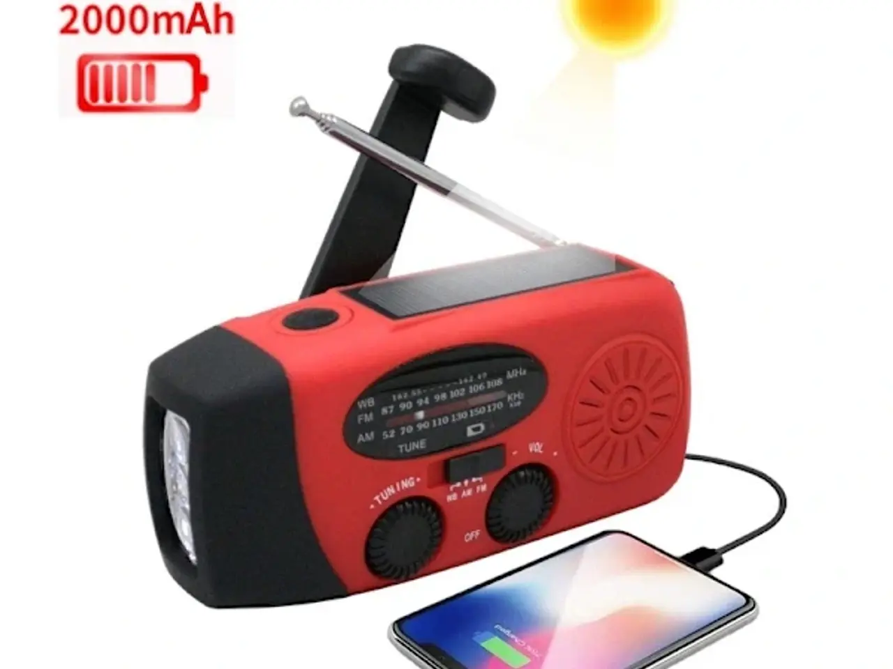 Billede 5 - Håndsvingradio 2000mAh Powerbank, Solceller, lygte