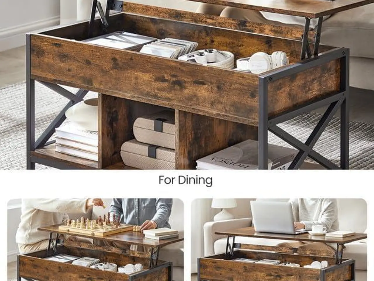 Billede 7 - Sofabord med hæve-/løftetop skjult opbevaring, rustik brun/sort (50 × 100 × 49-62 cm)