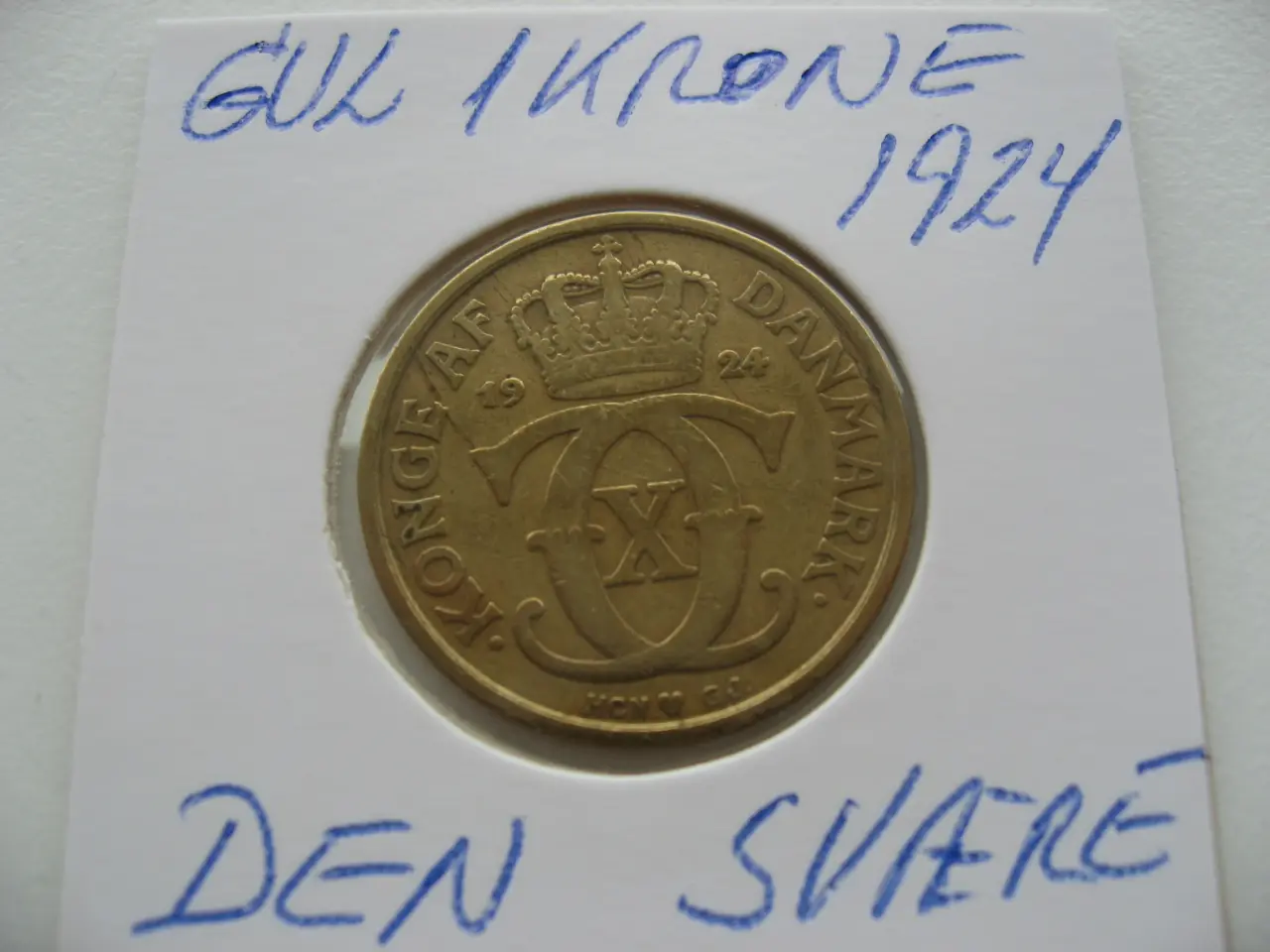 Billede 1 -  Pæn gul 1 kr 1924, den super svære i Hartberger