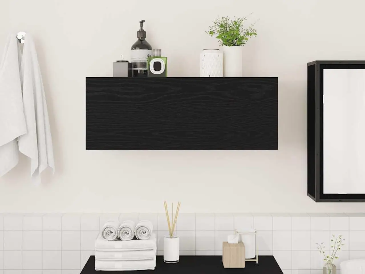 Billede 3 - Væghængt badeværelsesskab 80×25×30 cm - konstrueret træ, sort